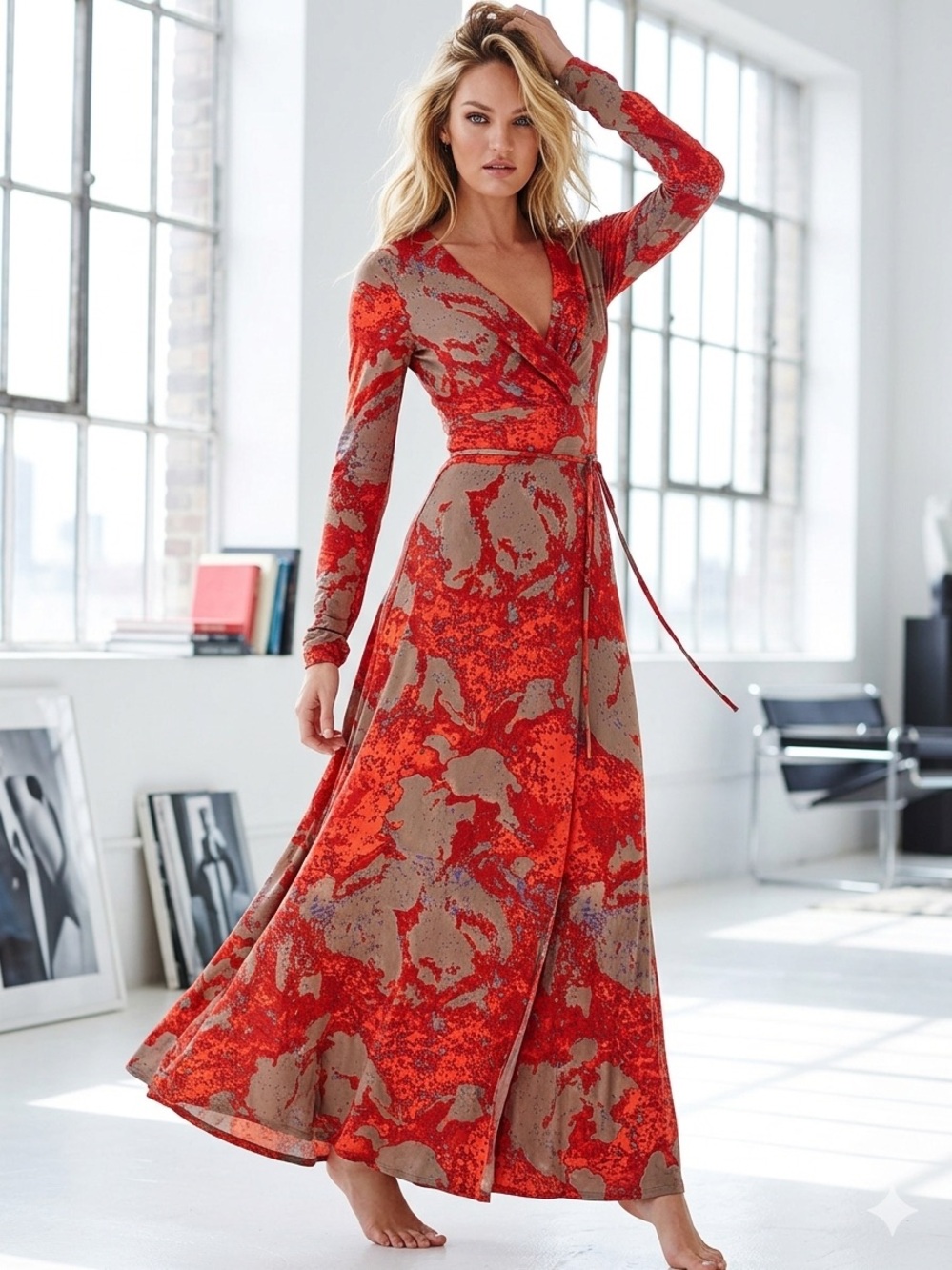 W11 8 by Walter Baker Abstract Print Wrap Dress Long Sleeve Midi Red Rust Size S